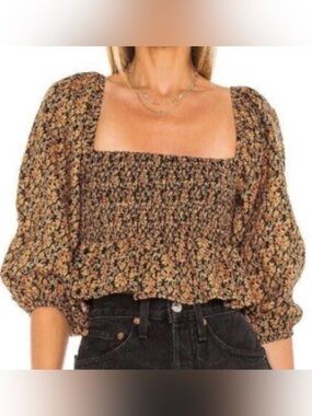 Faithful the Brand Smocked Puff-Sleeve Crop Top - Black & Orange Floral